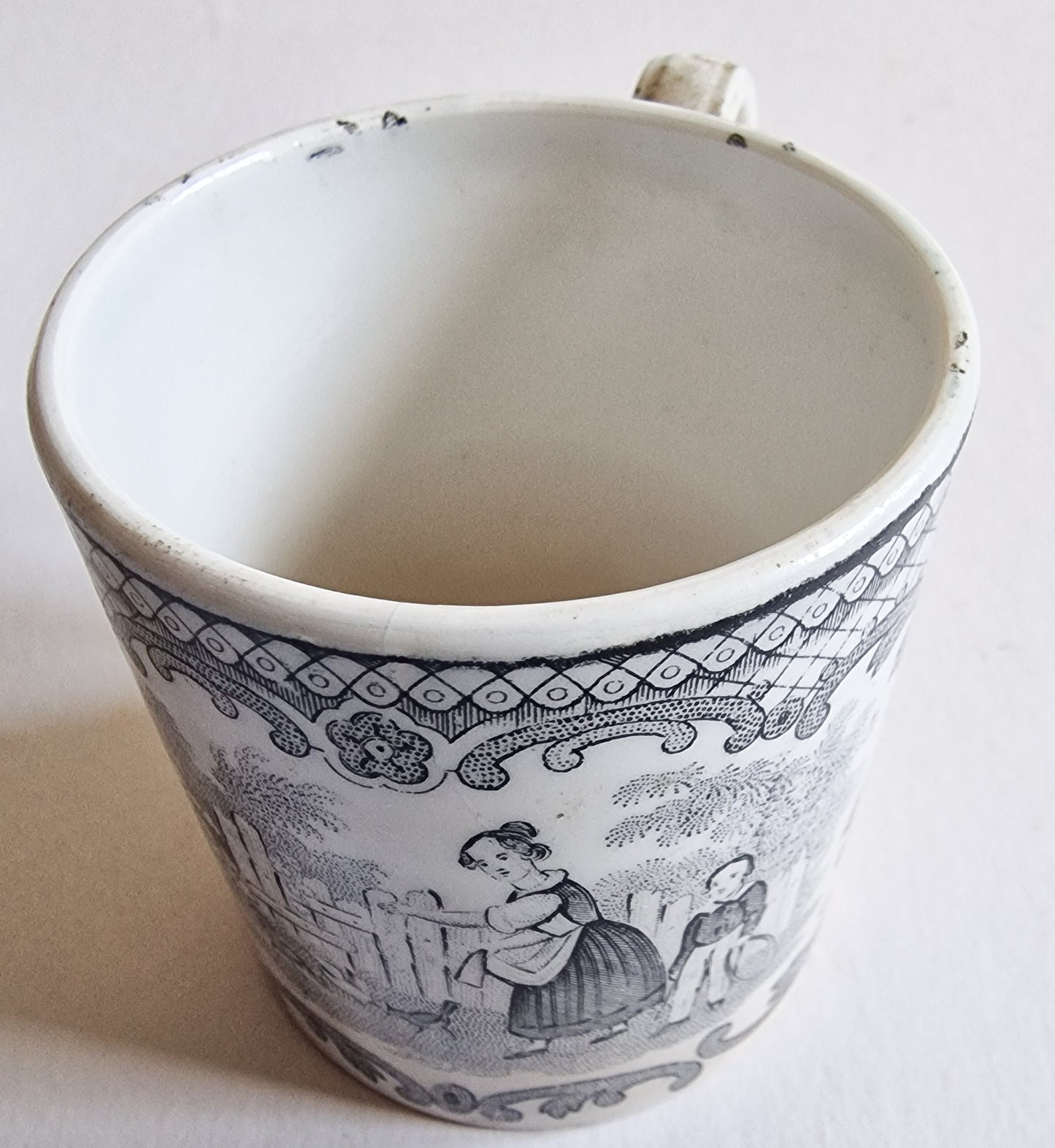 Antique H. Boulenger & Cie French Pearlware Pottery Child's Mug with Nursery Game Detail