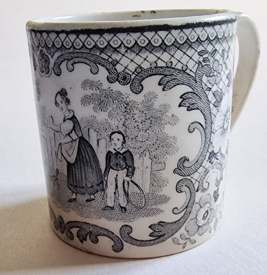 Antique H. Boulenger & Cie French Pearlware Pottery Child's Mug with Nursery Game Detail