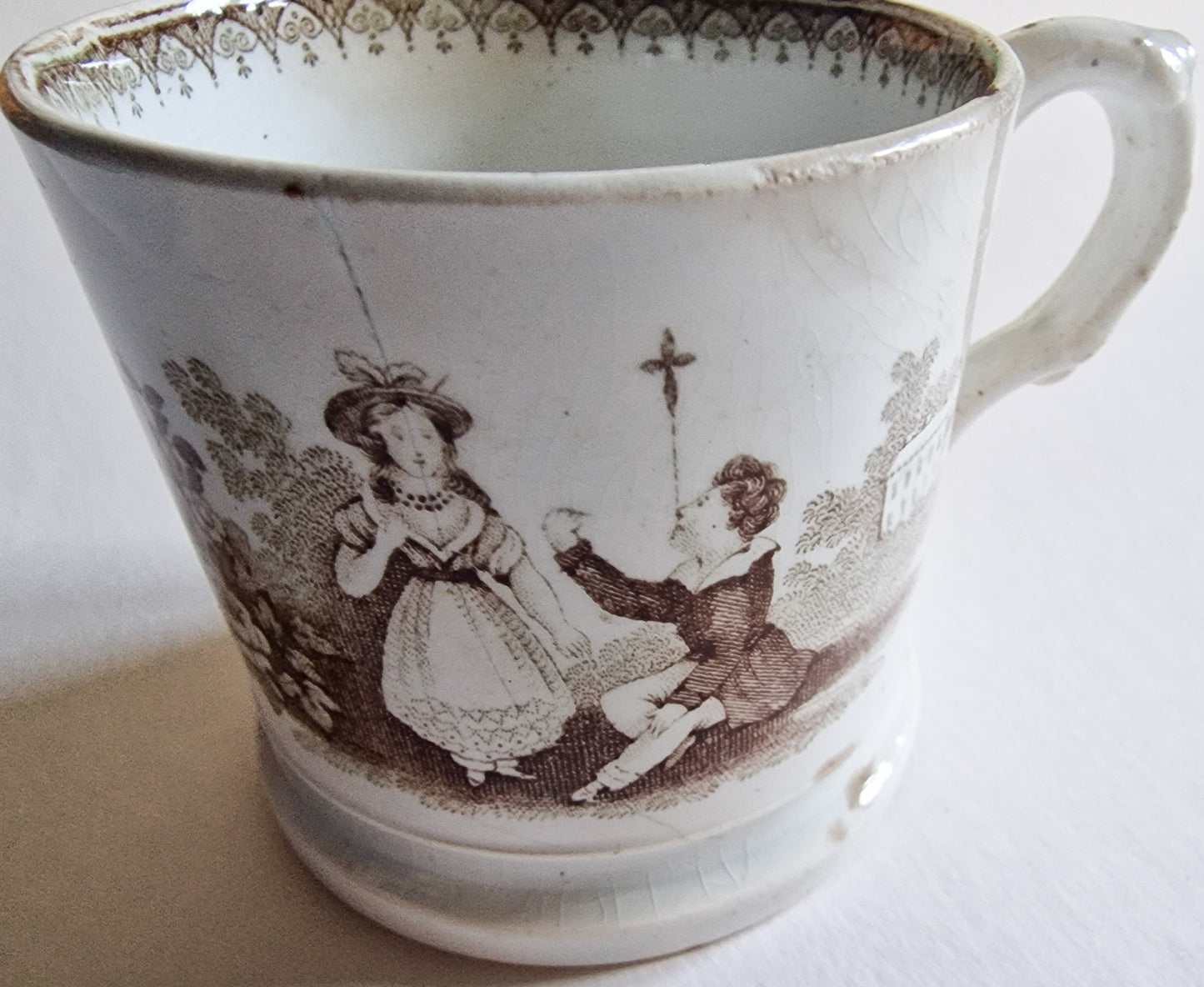 Antique English Pearlware Pottery Child's Mug with Nursery Game Detail