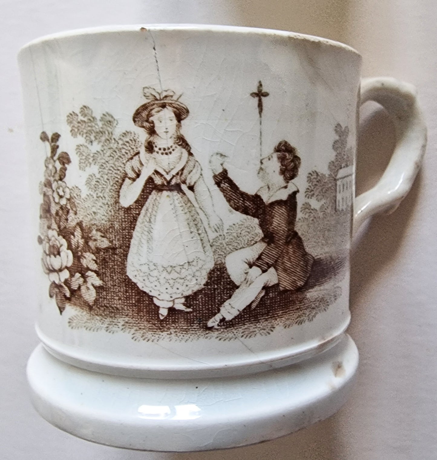 Antique English Pearlware Pottery Child's Mug with Nursery Game Detail