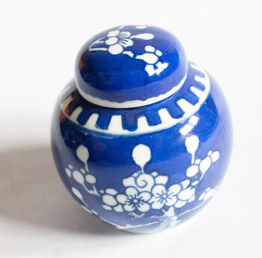 Blue and White Prunus Pattern Small Lidded Ginger Jar