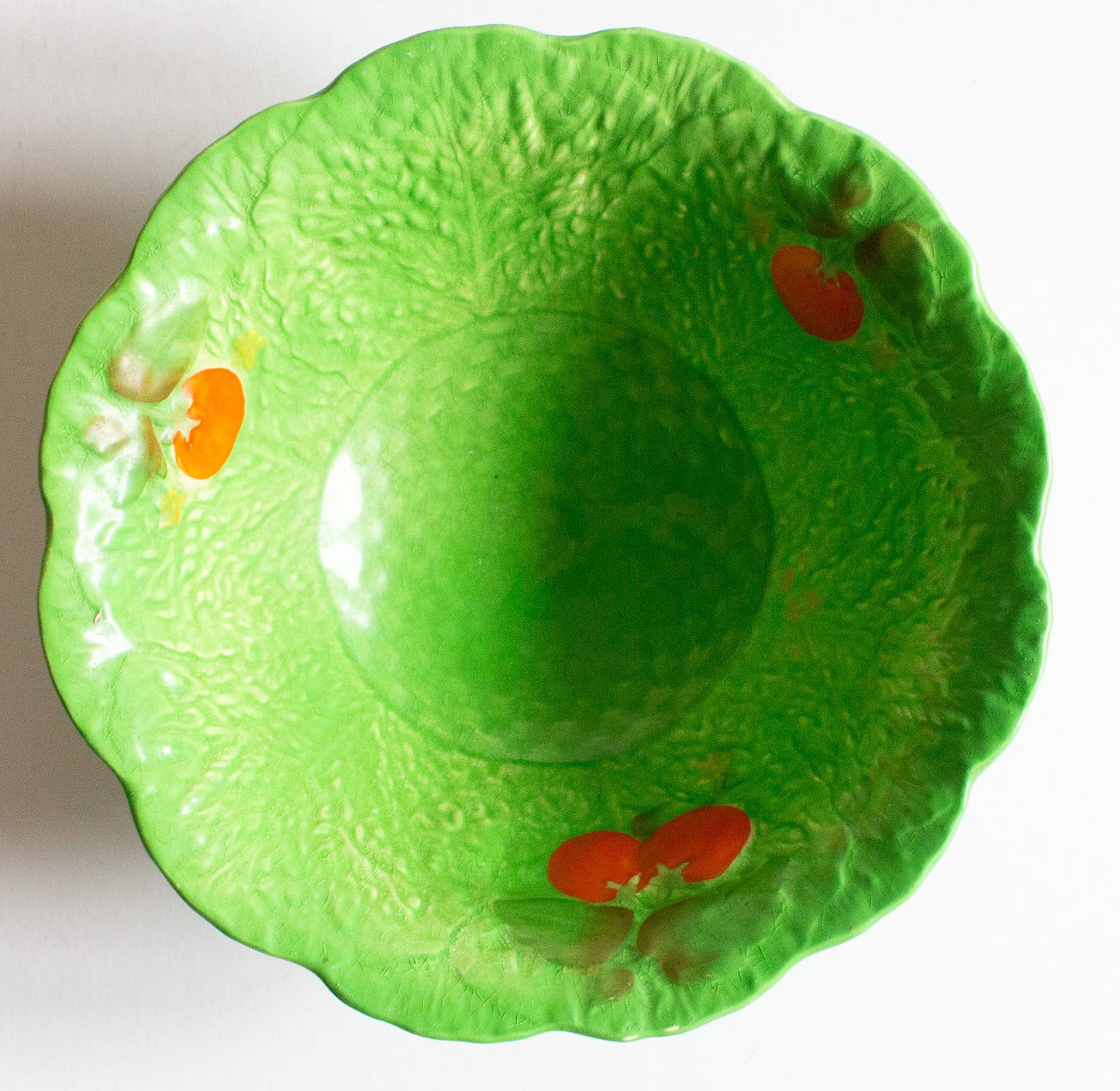 Vintage Crown Devon Fieldings Green Majolica Leaf Tomato Serving Dish
