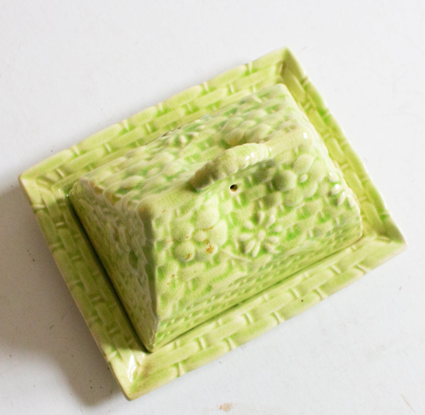 Vintage Majolica Basket Weave Butter Dish
