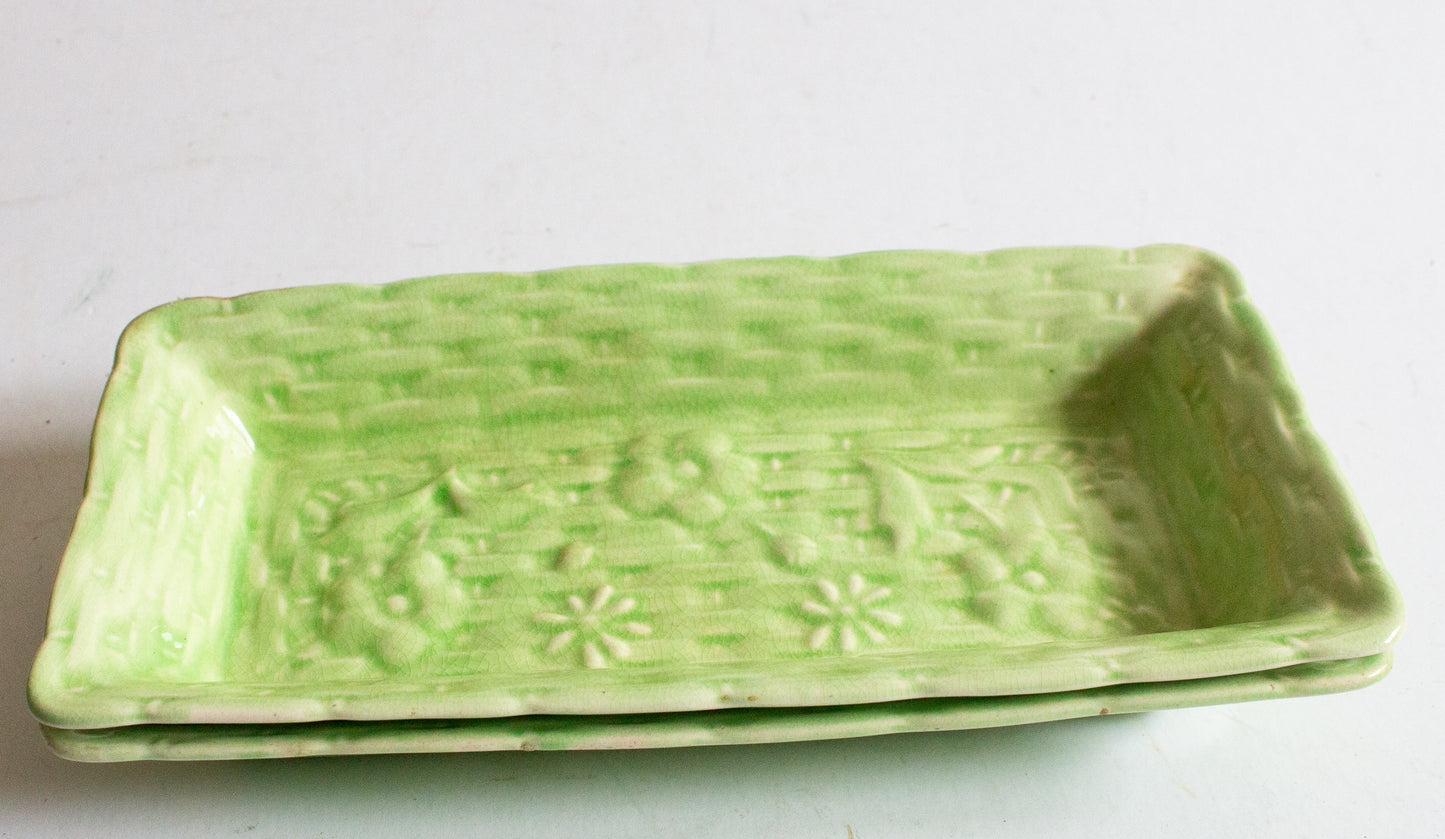 Vintage Majolica Basket Weave Rectangular Dishes (2)