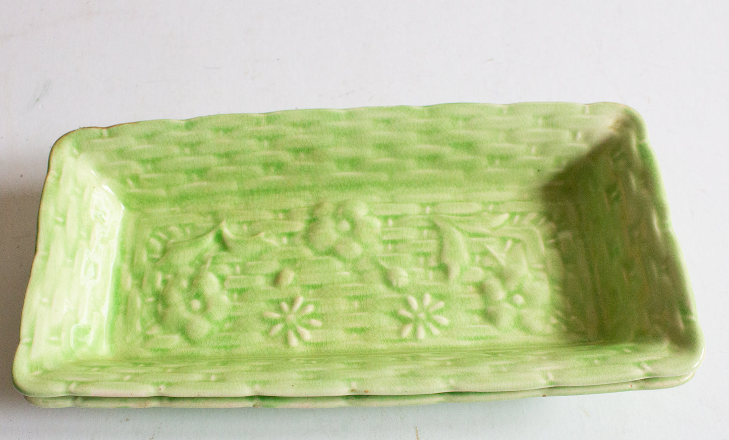 Vintage Majolica Basket Weave Rectangular Dishes (2)