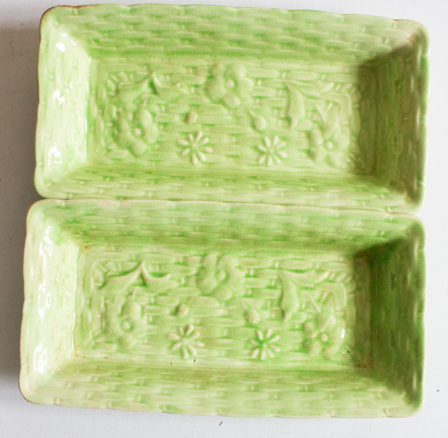 Vintage Majolica Basket Weave Rectangular Dishes (2)