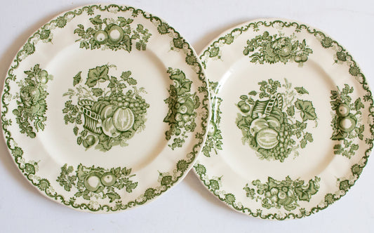 Masons Ironstone 'Fruit Basket' Pattern Green and White Transferware 8.75" Plates (2)