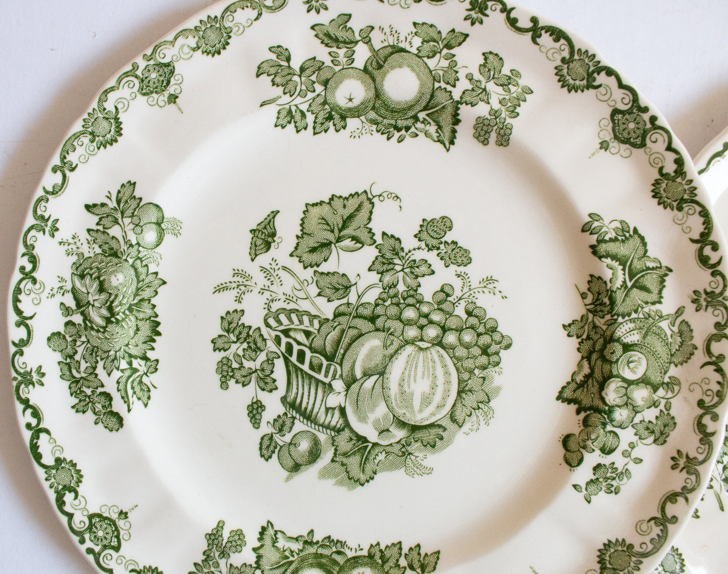 Masons Ironstone 'Fruit Basket' Pattern Green and White Transferware 8.75" Plates (2)
