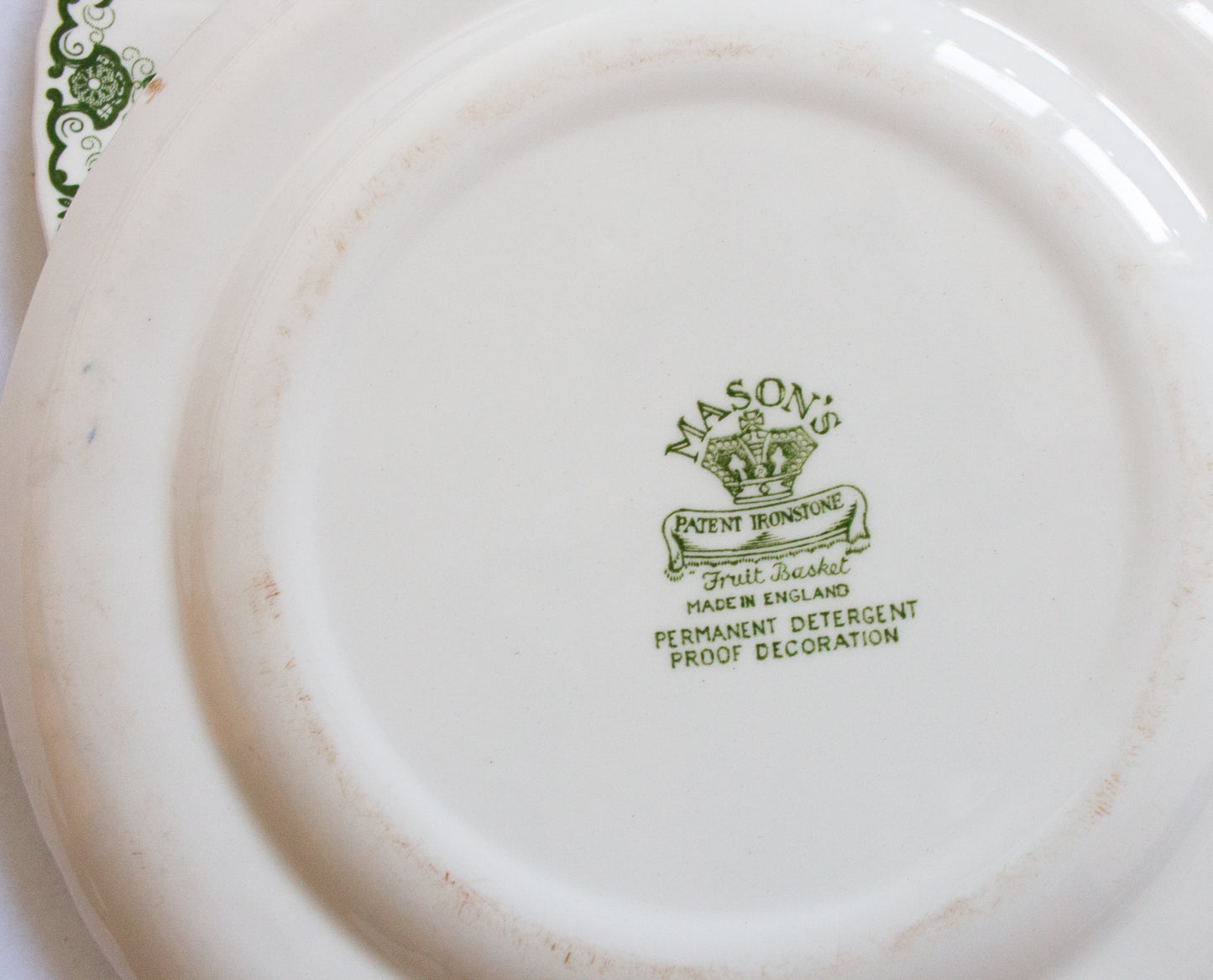 Masons Ironstone 'Fruit Basket' Pattern Green and White Transferware 8.75" Plates (2)