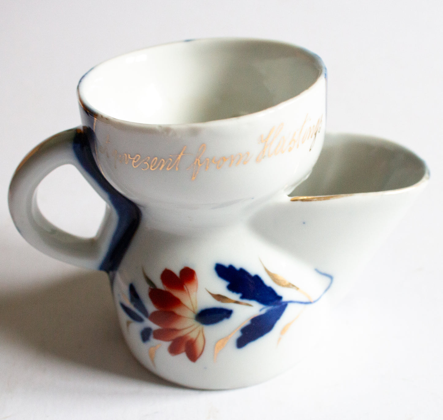 Antique Blue and Orange Imari Souvenir Shaving Mug 'Greetings from Hastings'