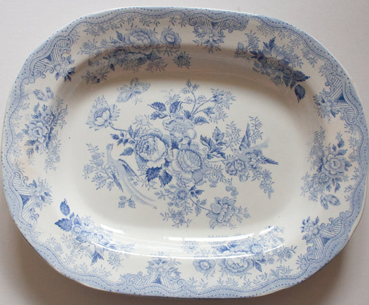 Antique Bovey Tracey 'Asiatic Pheasants' Blue and White Transferware Meat Platter