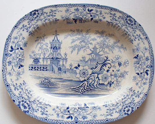 Antique Pagoda Pattern Blue and White Transferware Meat Platter