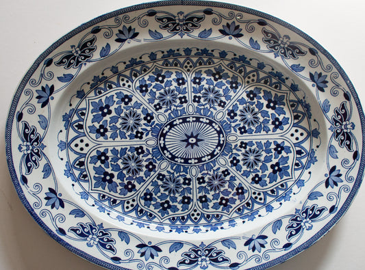 Antique Thomas Booth & Son 'Indian Ornament' Pattern Large Blue and White Transferware Meat Platter