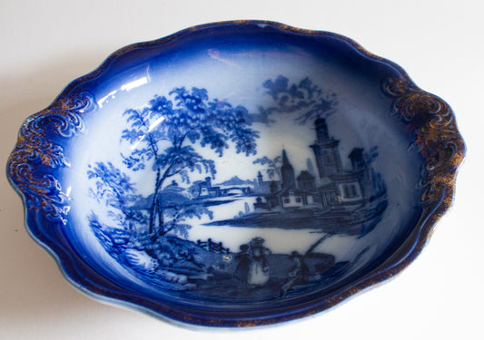 Antique Barkers & Kent 'Florence' Pattern Flow Blue and White Transferware Serving Bowl