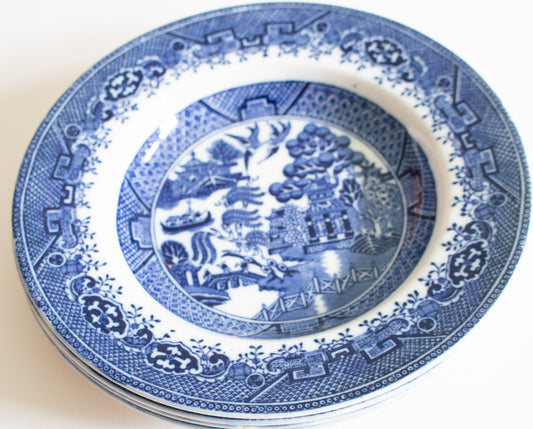 British Anchor 'Willow' Pattern Blue and White Transferware Rimmed Soup Bowls (4)