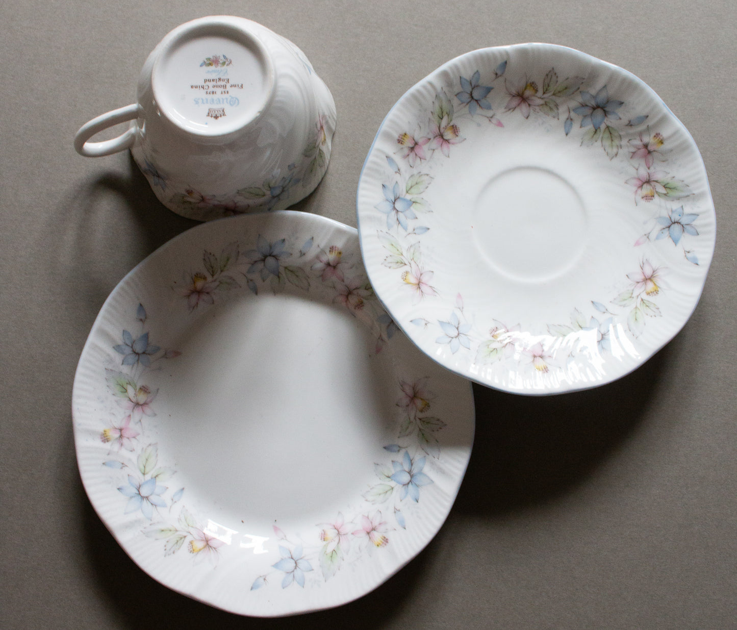 Queen's 'Claire' Pattern Bone China Blue Floral Teacup Trio