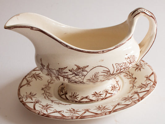 Bovey Tracey Potteries 'Fan' Pattern Brown and White Transferware Gravy Boat and Stand