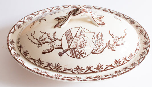 Bovey Tracey Potteries 'Fan' Pattern Brown and White Transferware Lidded Tureen