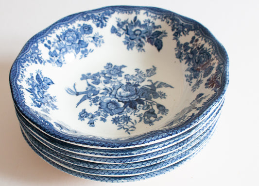 Wedwood 'Asiatic Pheasants' Pattern Blue and White Transferware Cereal or Dessert Bowls (6)
