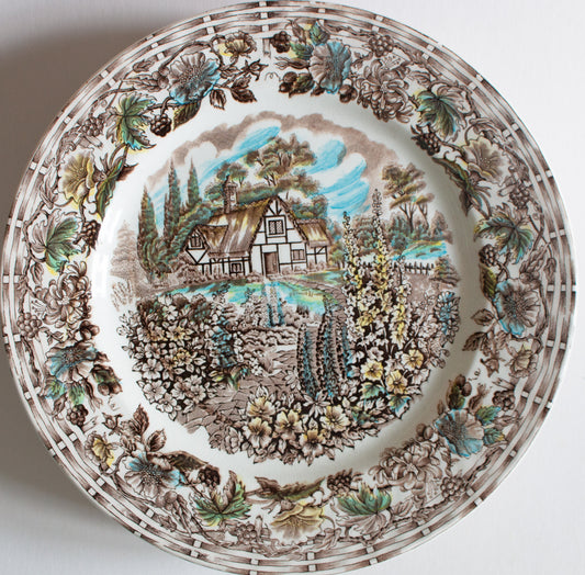 Barratts Staffordshire 'Cottage Garden' Brown Transferware 10" Dinner Plates (6)