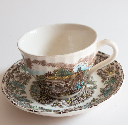 Barratts Staffordshire 'Cottage Garden' Brown Transferware Teacup and Saucer