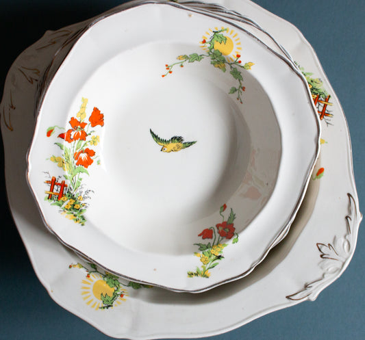 Vintage Alfred Meakin England Dessert Bowl Set with Bird and Floral Detail