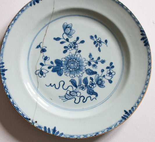 Antique Kangxi Period Eighteenth Century Blue and White  9" Plate with Staple Repair