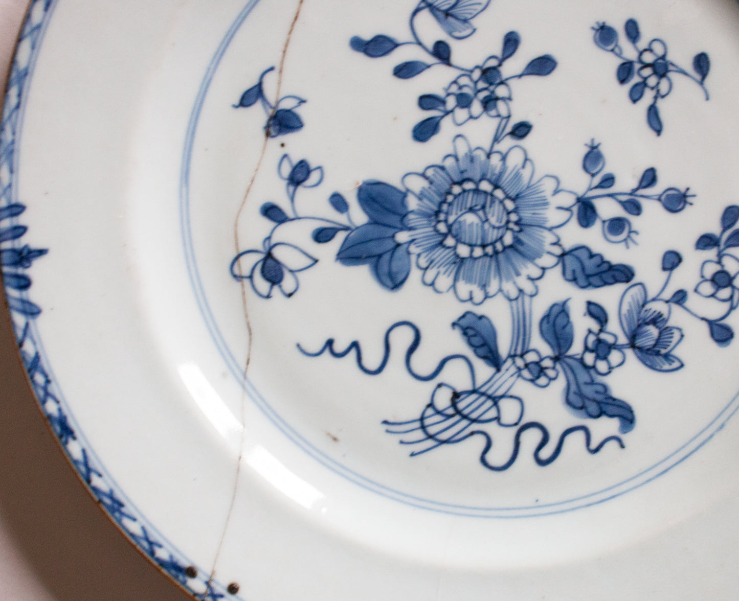 Antique Kangxi Period Eighteenth Century Blue and White  9" Plate with Staple Repair