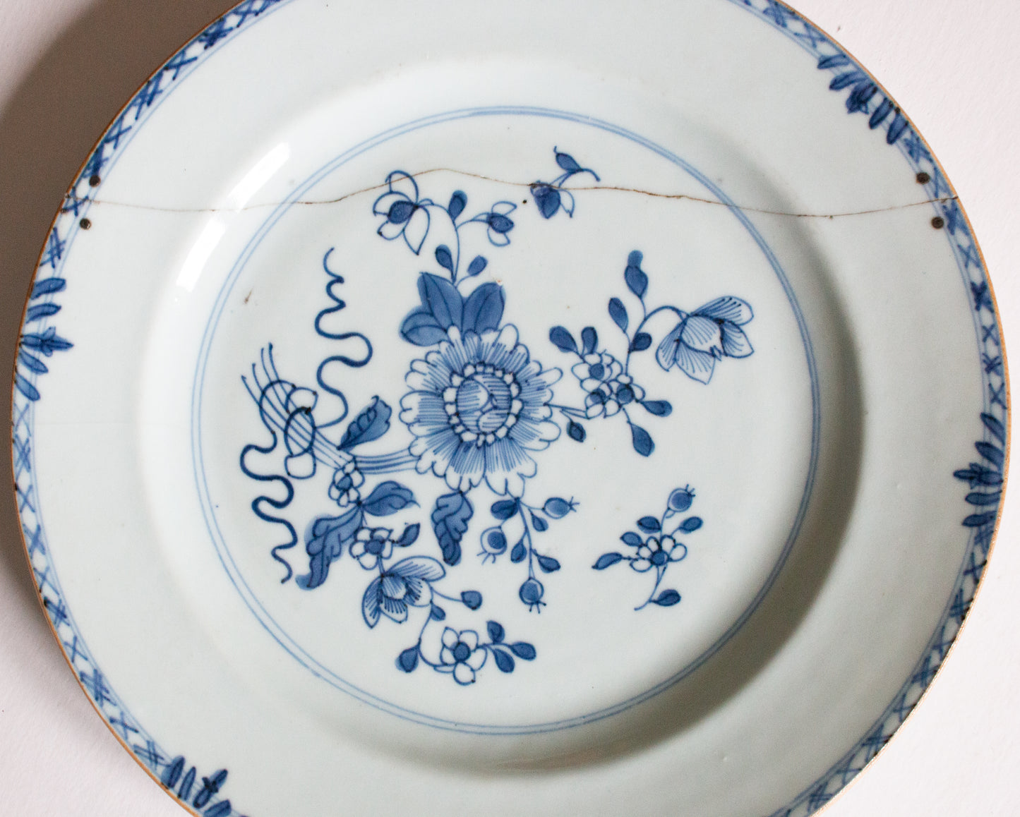 Antique Kangxi Period Eighteenth Century Blue and White  9" Plate with Staple Repair