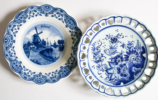 Delft Mismatched Blue and White Transferware 8" Pictorial Plates (2)