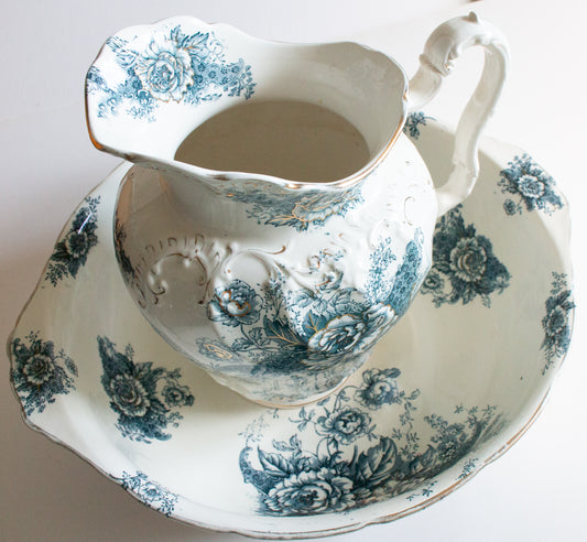 Stoke Pottery 'Peony' Antique Blue and White Transferware Wash Jug and Bowl