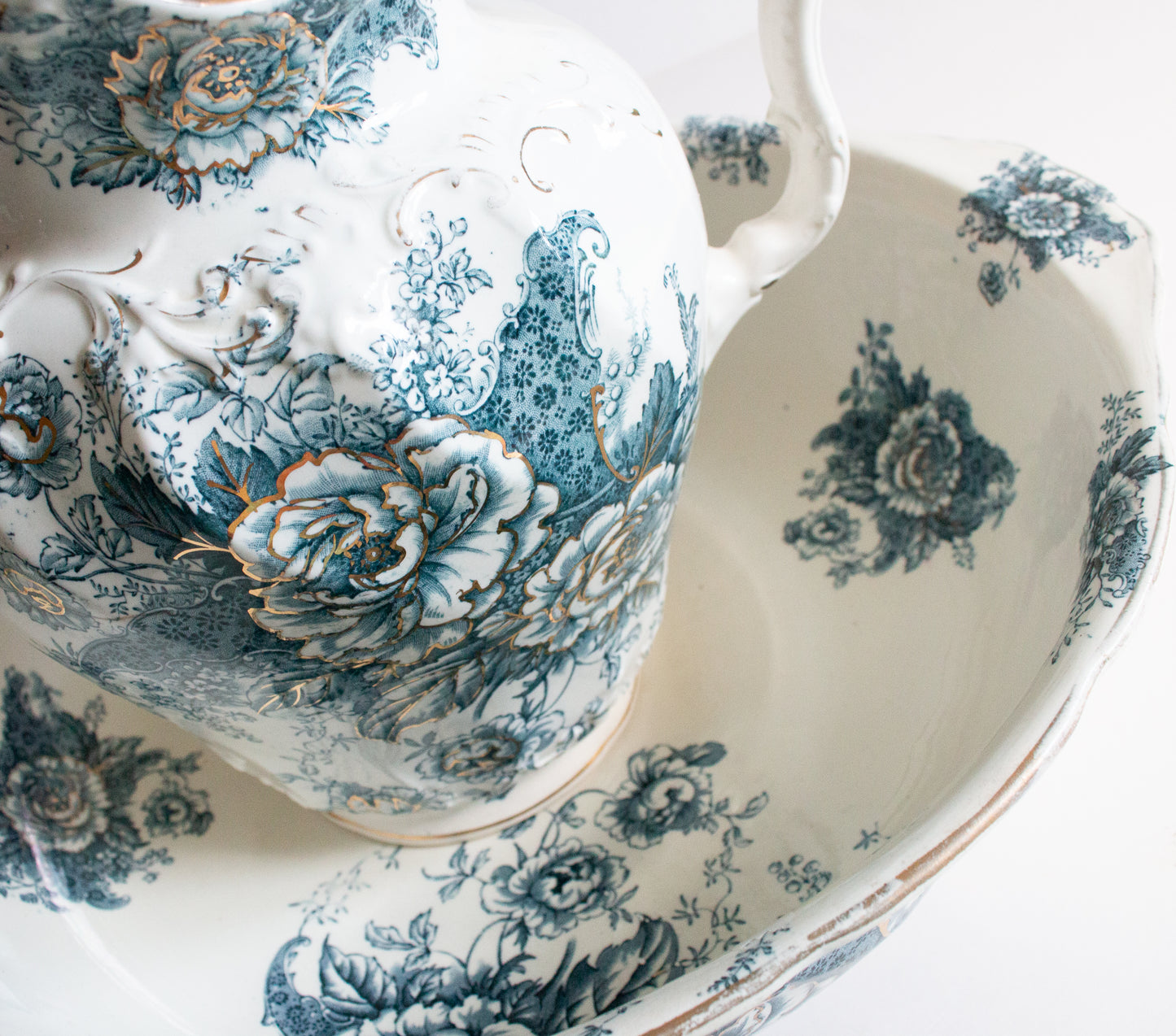 Stoke Pottery 'Peony' Antique Blue and White Transferware Wash Jug and Bowl