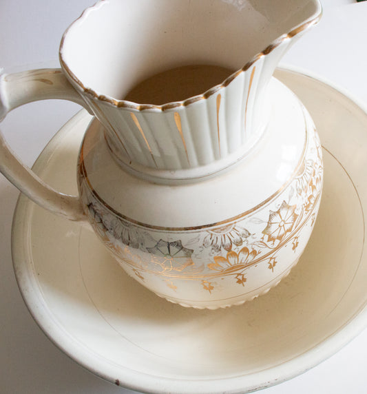 Large Antique White and Gold Wash Jug and Bowl