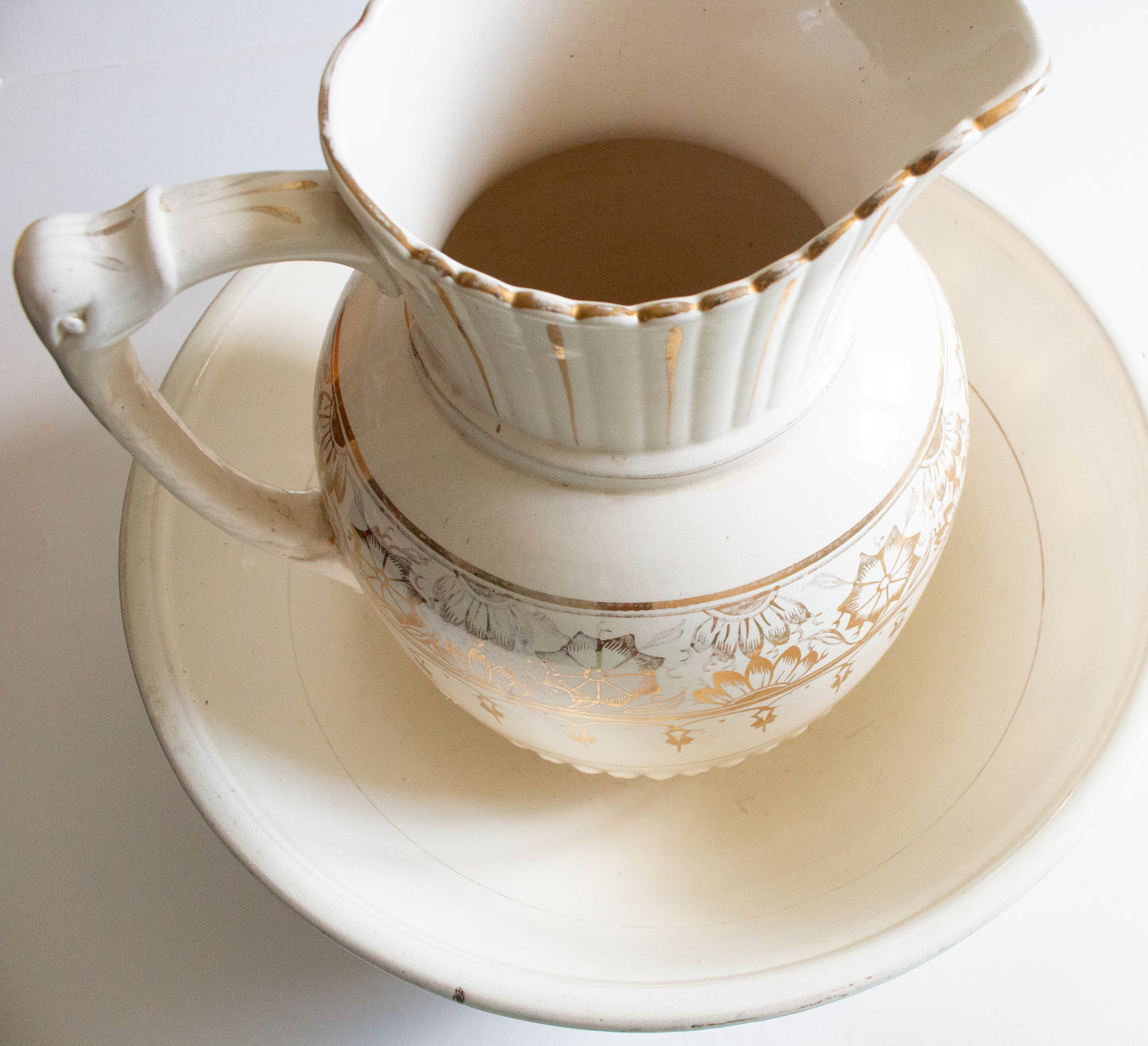 Large Antique White and Gold Wash Jug and Bowl