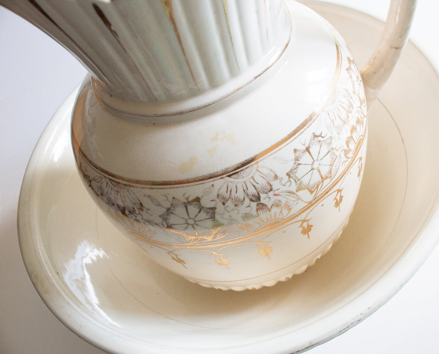 Large Antique White and Gold Wash Jug and Bowl