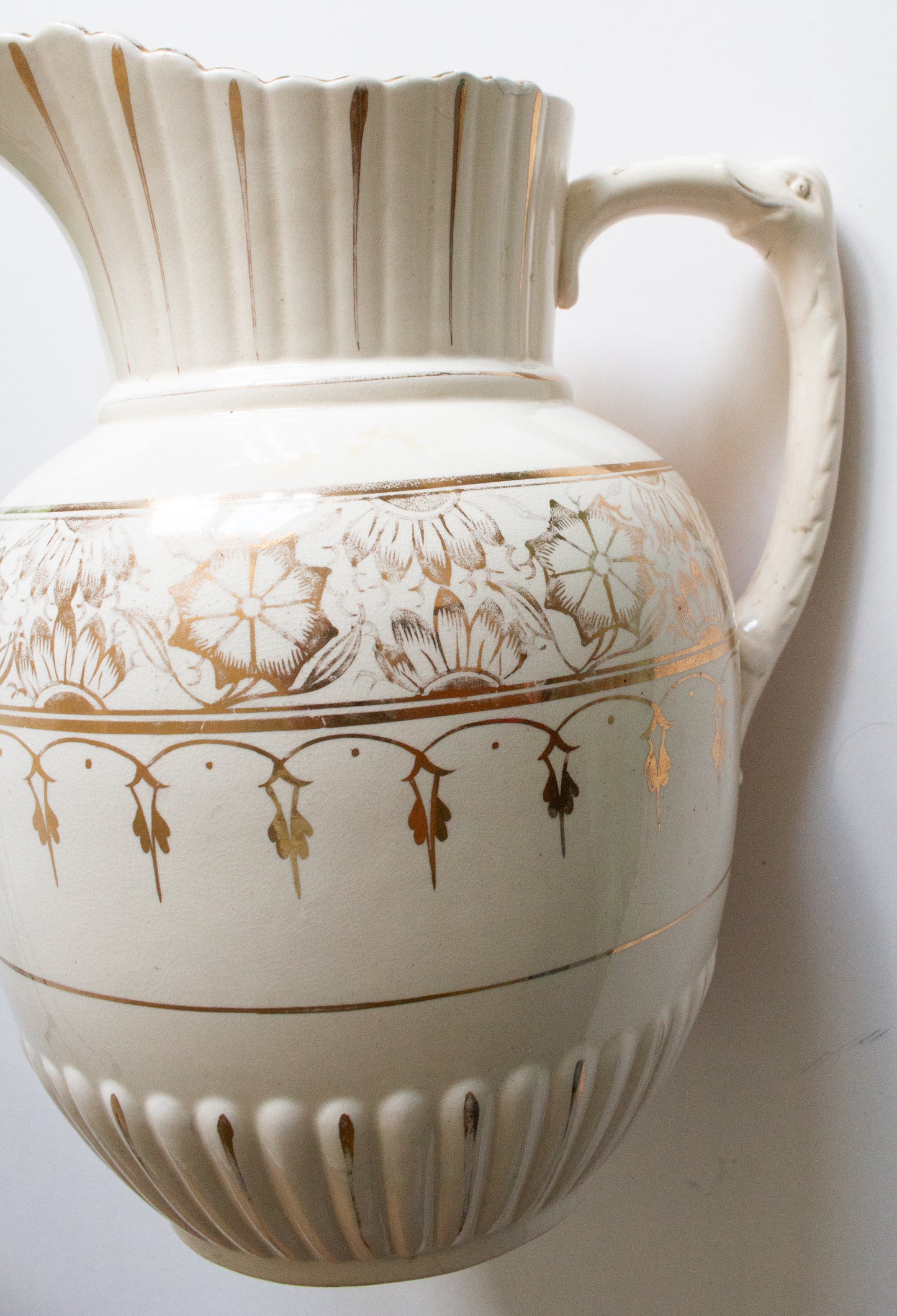 Large Antique White and Gold Wash Jug and Bowl
