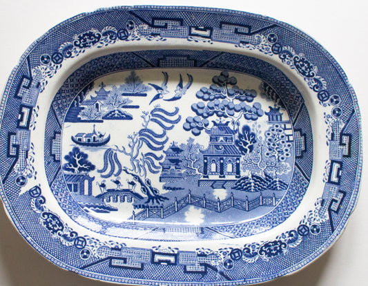 Antique Dillwyn Swansea 'Improved Willow' Pattern 14" Blue and White Transferware Serving Platter