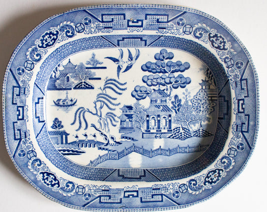 Antique Willow Pattern 13.5" Blue and White Transferware Serving Platter