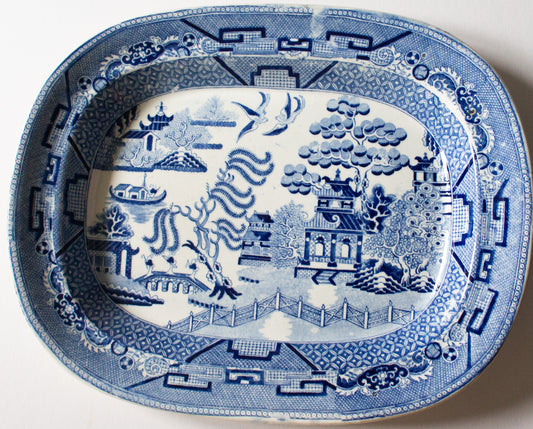 Antique 'Opaque China' Willow Pattern 15" Blue and White Transferware Serving Platter