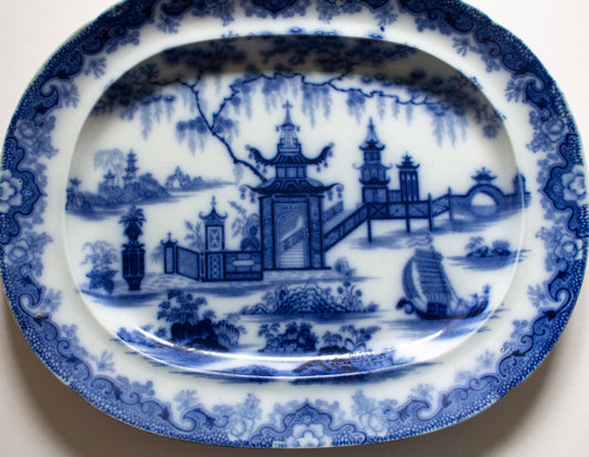 Antique Dillwyn & Co. 'Whampoa' Pattern 17" Flow Blue Meat Platter