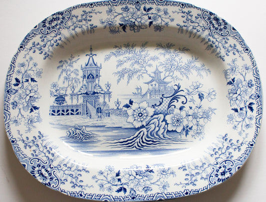 Antique Pagoda Pattern 18" Blue and White Transferware Meat Platter