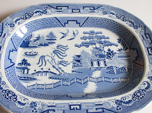 Antique 'Willow' Pattern 18" Blue and White Transferware Meat Platter