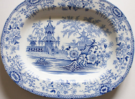Antique Pagoda Pattern 18" Blue and White Transferware Meat Platter