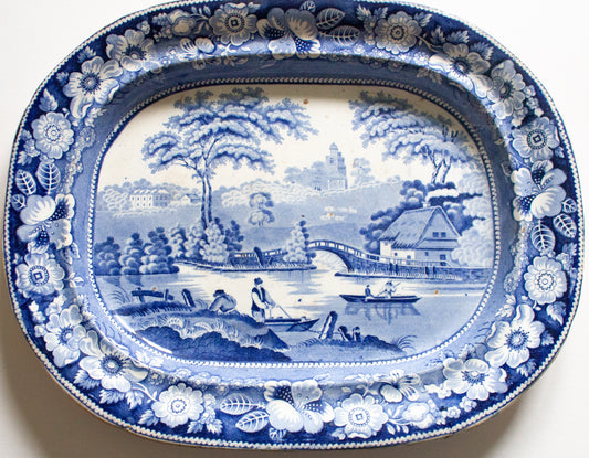 Large Antique Ironstone 17" Blue and White Meat Platter with Fisherman and Rose Border Pattern
