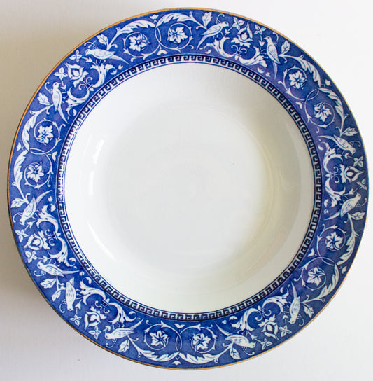 Newport Pottery Co. Burlsem England 'Medallion' Pattern Blue and White Transferware Rimmed Soup Plates or Bowls (6)