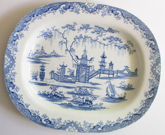 Antique Pagoda Pattern Blue and White Transferware 14" Serving Platter