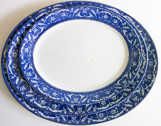 Newport Pottery Co. Burlsem England 'Medallion' Pattern Blue and White Transferware Graduated Serving Platters (3)
