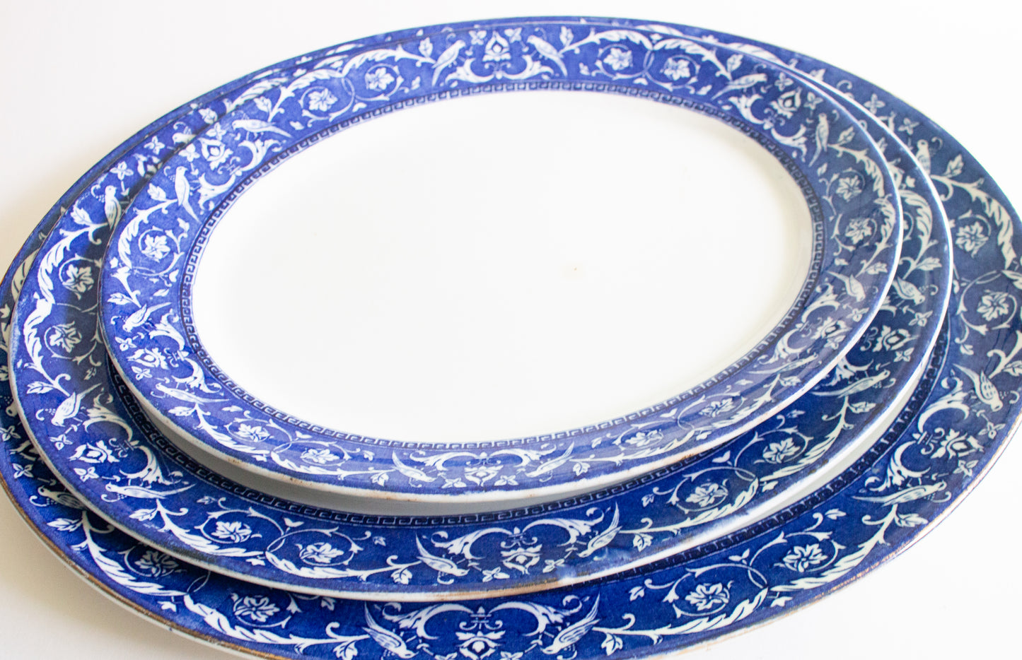 Newport Pottery Co. Burlsem England 'Medallion' Pattern Blue and White Transferware Graduated Serving Platters (3)