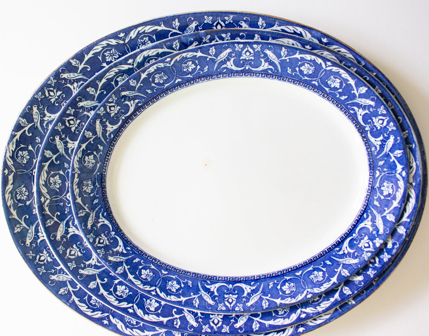 Newport Pottery Co. Burlsem England 'Medallion' Pattern Blue and White Transferware Graduated Serving Platters (3)