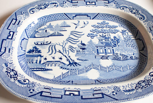 Antique 'Willow' Pattern 18" Blue and White Transferware Serving Platter